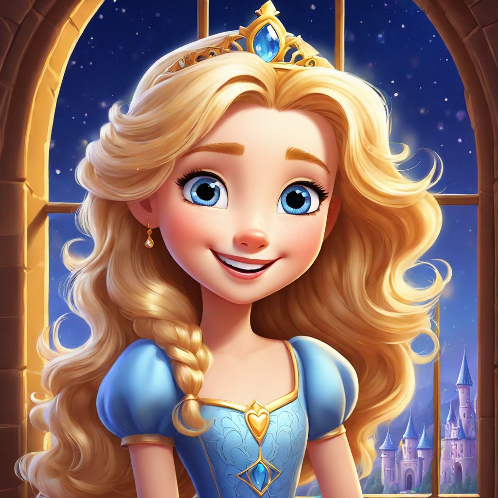 portrait, princess, castle window, gentle smile, blue eyes, golden hair, magic, ShimmerVille