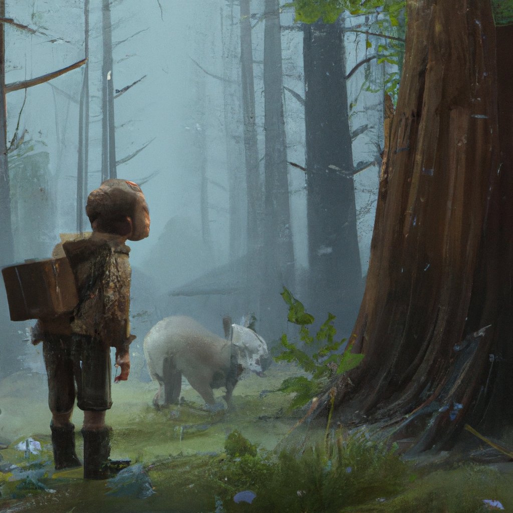 The little cub, determined yet scared, sniffed the air for any sign of his mother's scent as he wandered through the magical forest, searching desperately for his family from whom he had been separated during the storm. in a painting from stalenhag, 8 k, hdr, artstation, concept art