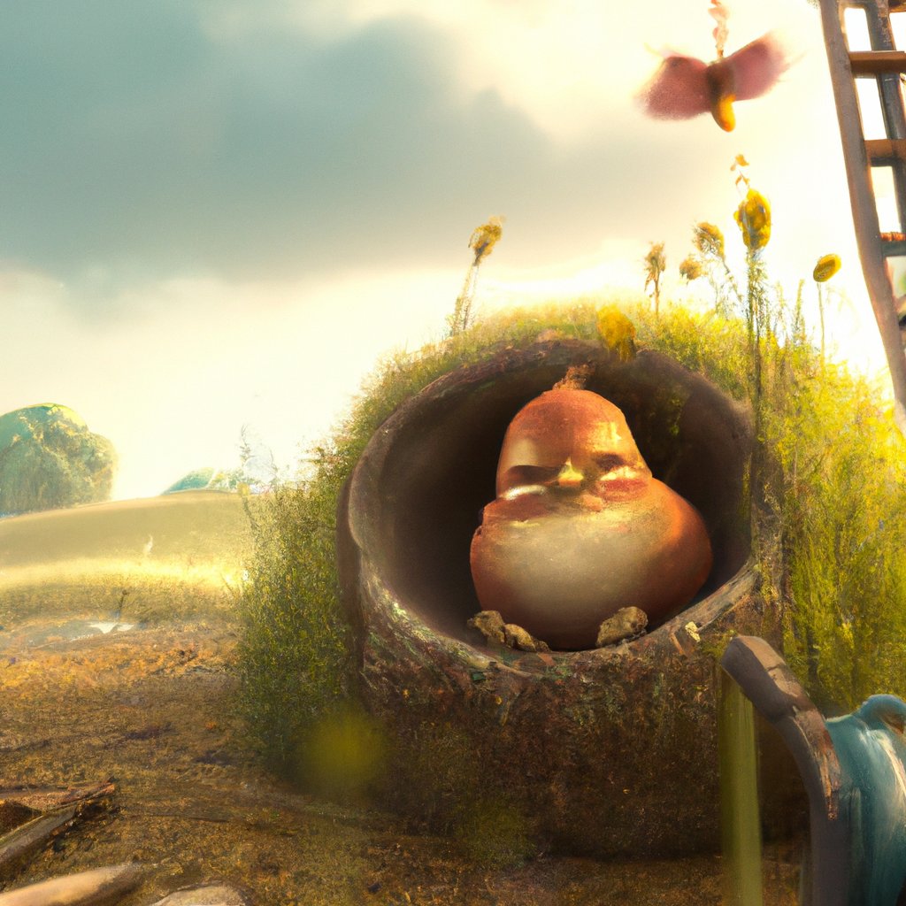 Birdie, the plump, cheery little bird, perched in her cozy nest on the edge of a beautiful meadow, singing sweet songs. in a painting from stalenhag, 8 k, hdr, artstation, concept art