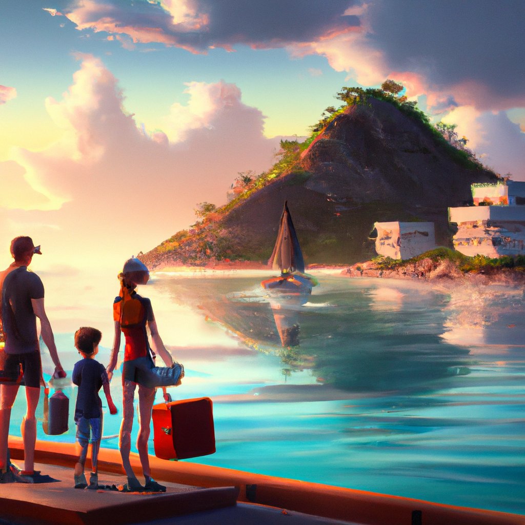 The family, happily and excitedly, set sail for St. Martin, ready to explore the picturesque island and create memories that would last a lifetime. in a painting from stalenhag, 8 k, hdr, artstation, concept art