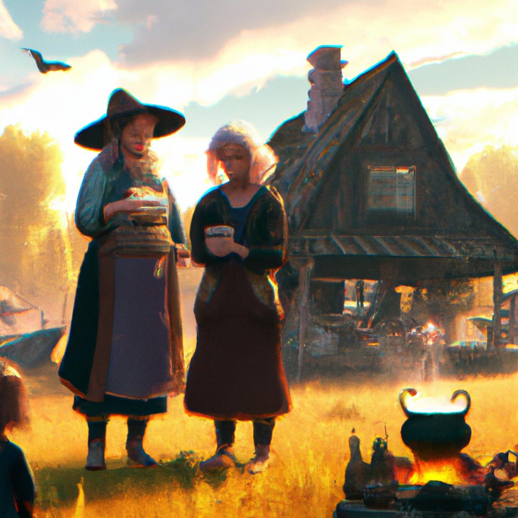 The family of witches were renowned for their compassionate nature and adeptness at brewing potions from local herbs, providing remedies and comfort to all in the surrounding lands. in a painting from stalenhag, 8 k, hdr, artstation, concept art