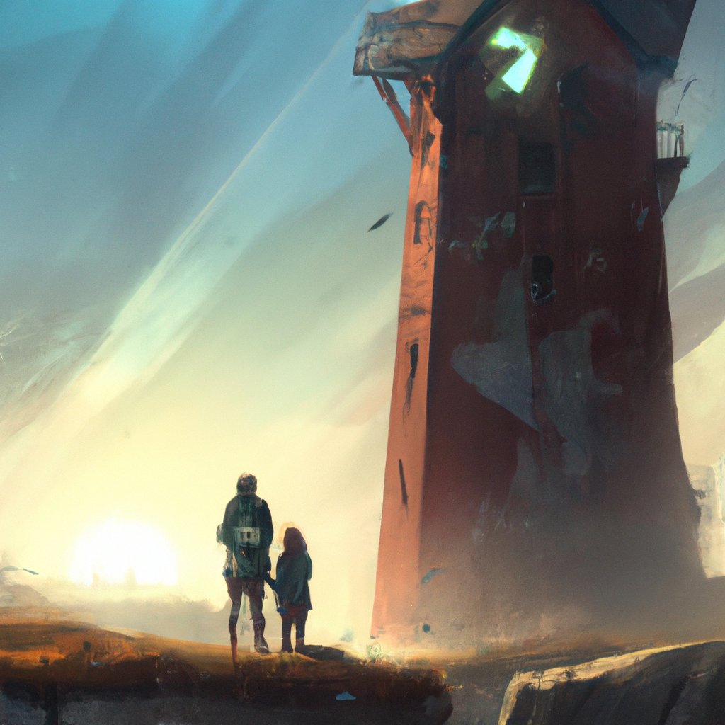 Jill and Jack, ever-adventurous, stood in awe of the majestic, old lighthouse, ready to embark on their explorations. in a painting from stalenhag, 8 k, hdr, artstation, concept art