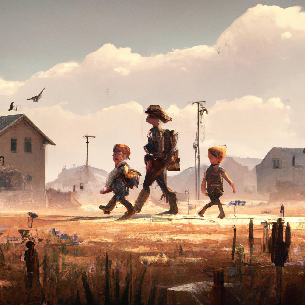 Liz, a lively five-year-old girl full of energy, happily explored the countryside with her two siblings. in a painting from stalenhag, 8 k, hdr, artstation, concept art