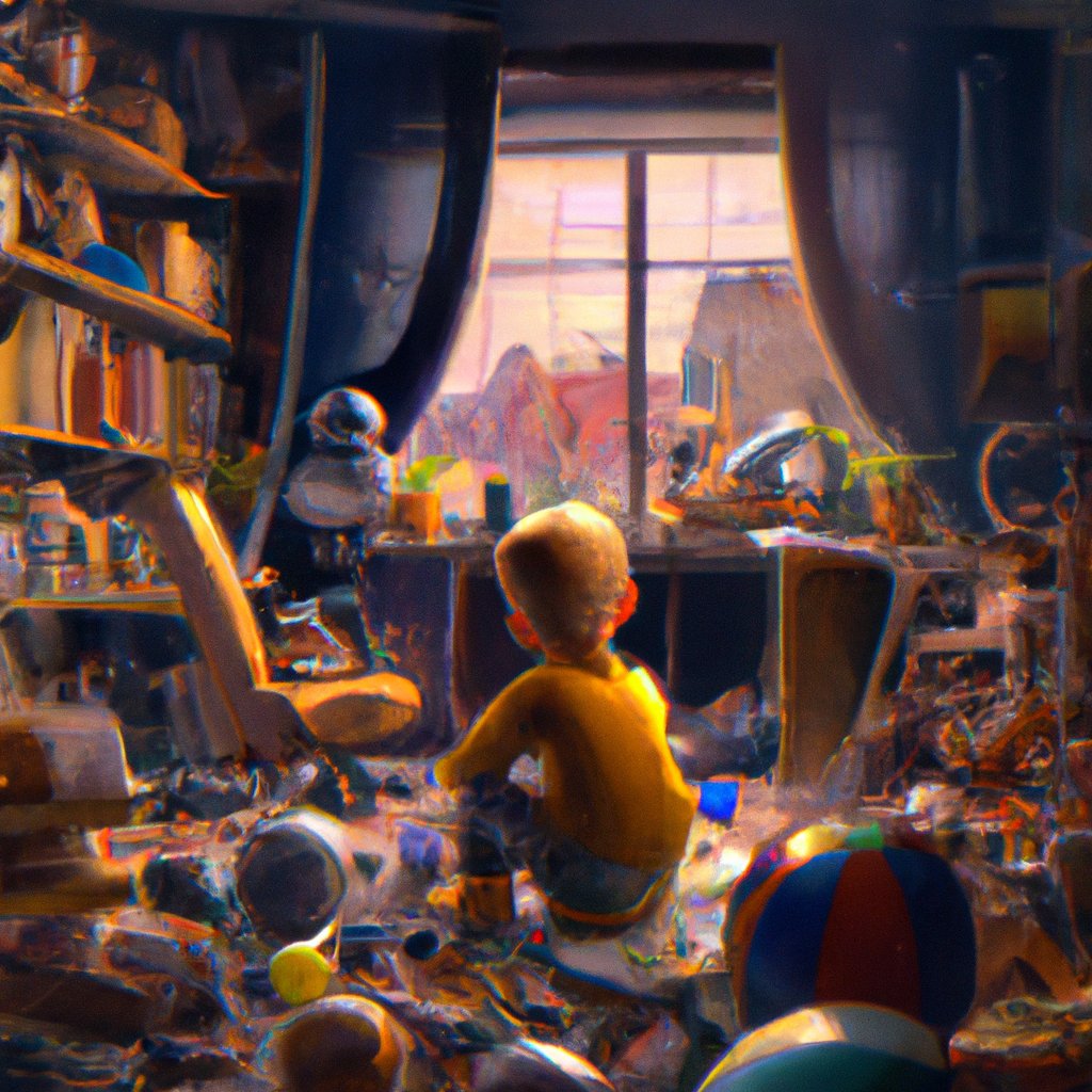 The illustration depicts a sad Sam, alone in his room, staring out the window with a forlorn expression, surrounded by a mess of scattered toys.