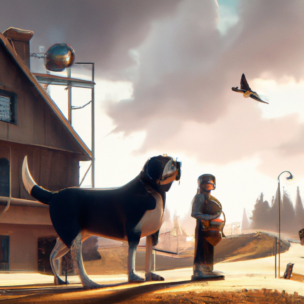 Bo and Layla, a loyal black Labrador and fat Beagle, were inseparable best friends living in a small village alongside Liliana and Leo. in a painting from stalenhag, 8 k, hdr, artstation, concept art