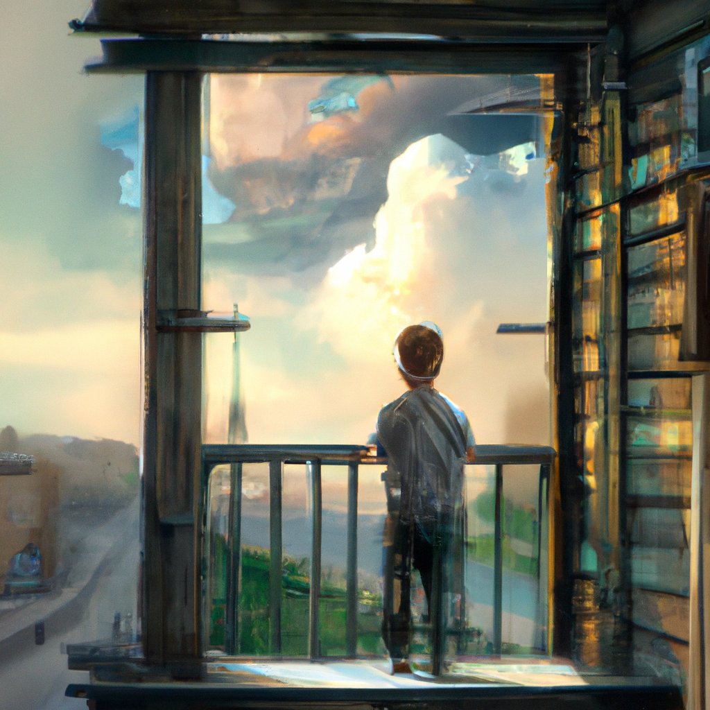 The child stood on their balcony, gazing out at the lush summer day with its cloudy sky. in a painting from stalenhag, 8 k, hdr, artstation, concept art