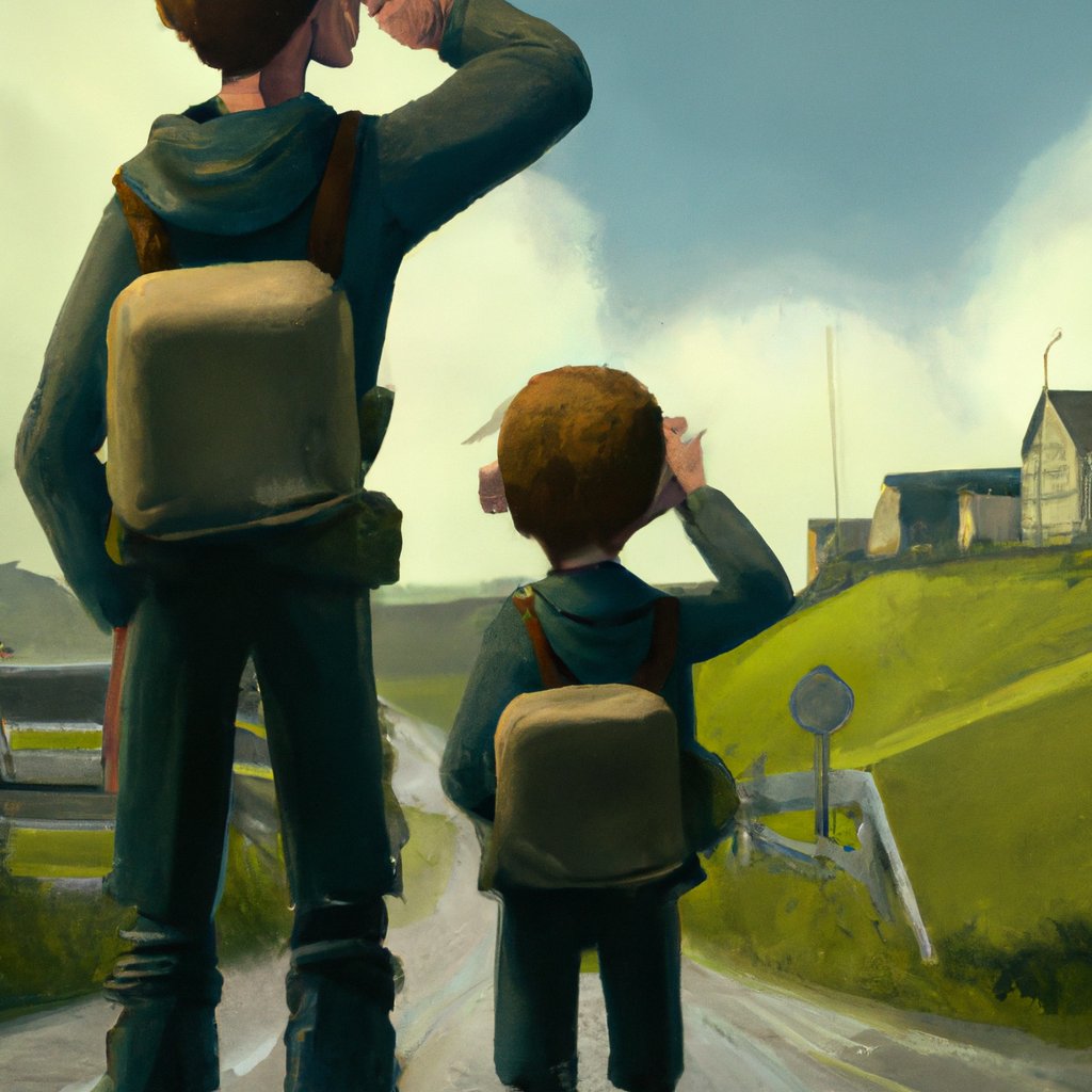 Eliot and Oskar beamed with excitement, eagerly anticipating their visit to Galway to celebrate Saint Patrick's Day with their grandparents, surrounded by the stunning, rolling hills of the Irish countryside. in a painting from stalenhag, 8 k, hdr, artstation, concept art