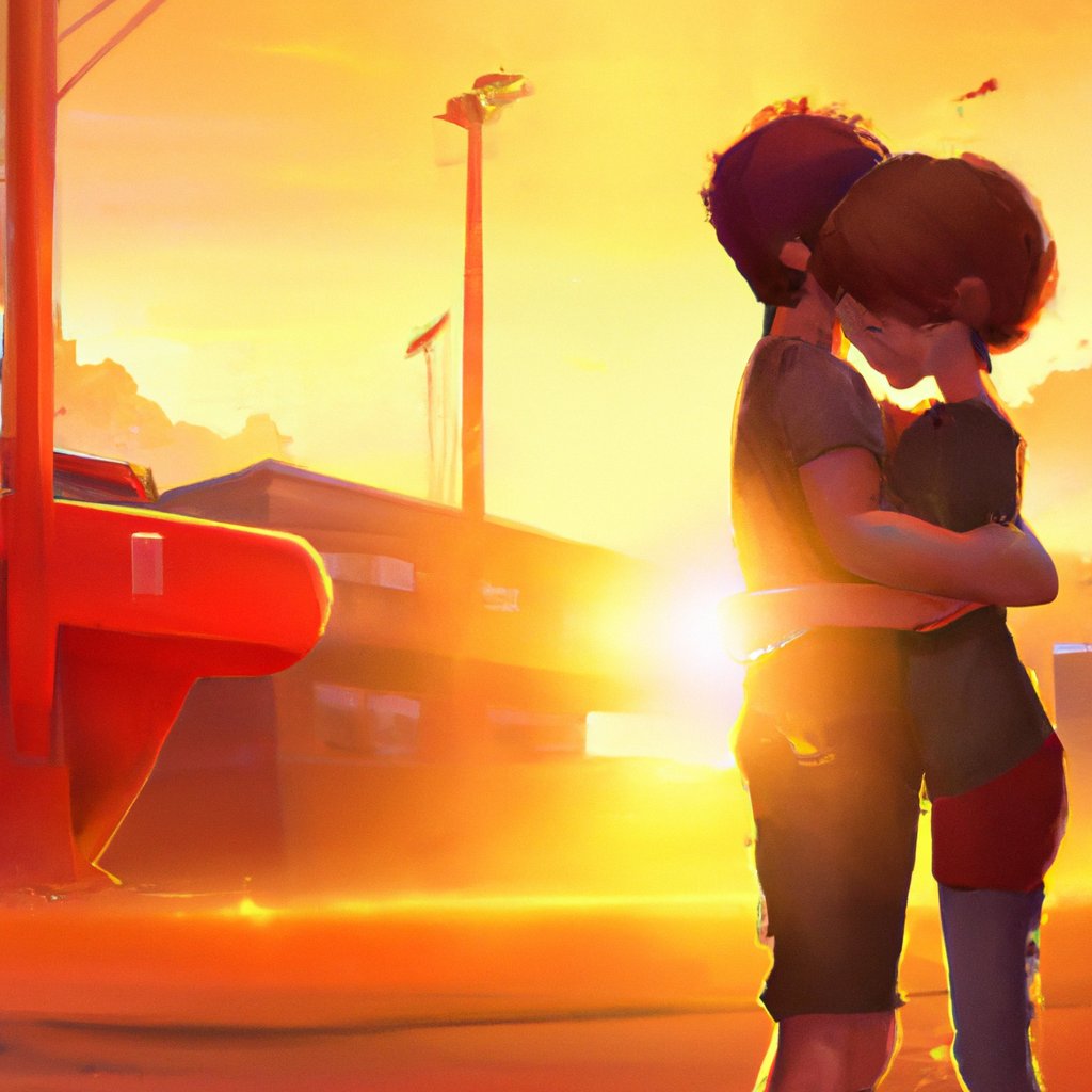 The illustration showed the couple embracing, their happy faces illuminated by the warm summer sun. in a painting from stalenhag, 8 k, hdr, artstation, concept art