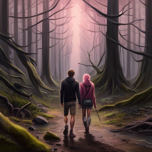 Lauren and Edward, two brave teenage adventurers, nervously ventured into the haunted woods wearing black t-shirts and grey shorts, Lauren in a pink hoodie and Edward in a black t-shirt.