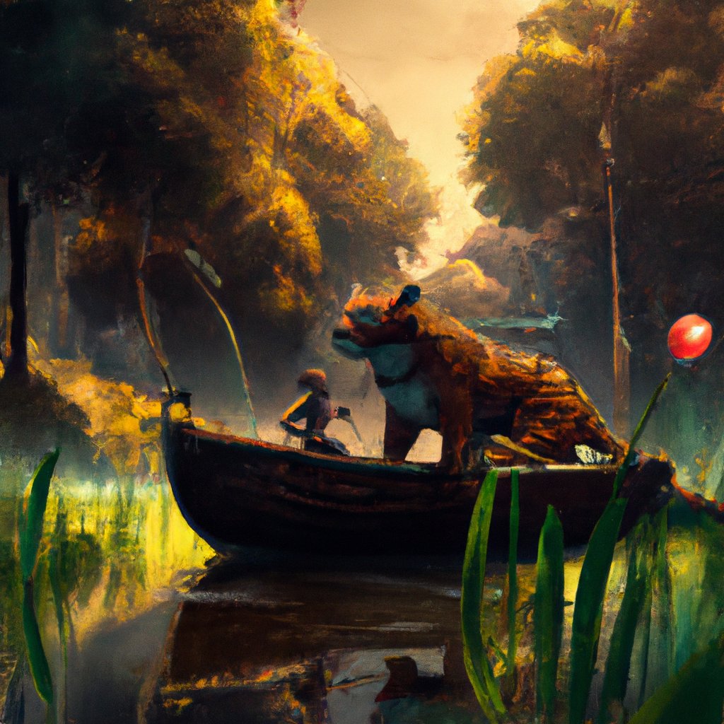 The tiger, brave and curious, readied a small boat for his journey of exploration past the tall trees and deep rivers of his home in the jungle. in a painting from stalenhag, 8 k, hdr, artstation, concept art