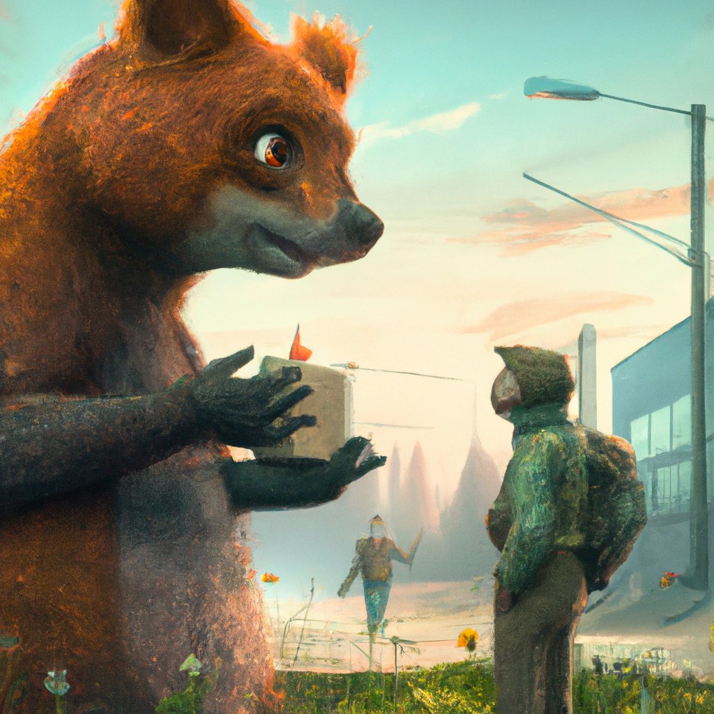 The bear was captivated by the squirrel's vibrant, playful, and curious personality, leading him to fall hopelessly in love. in a painting from stalenhag, 8 k, hdr, artstation, concept art