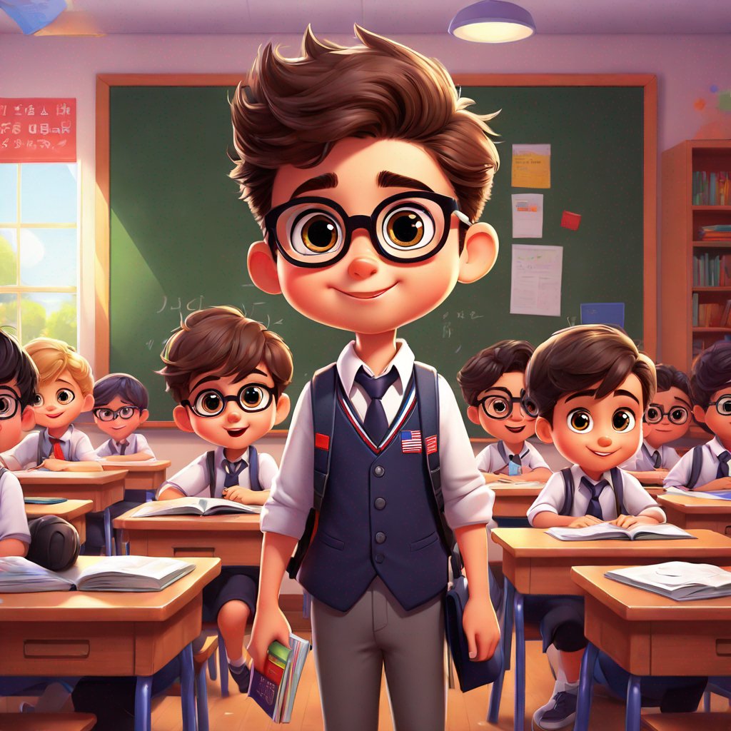 male, American classroom, school uniform, wide-eyed, awe, bustling environment