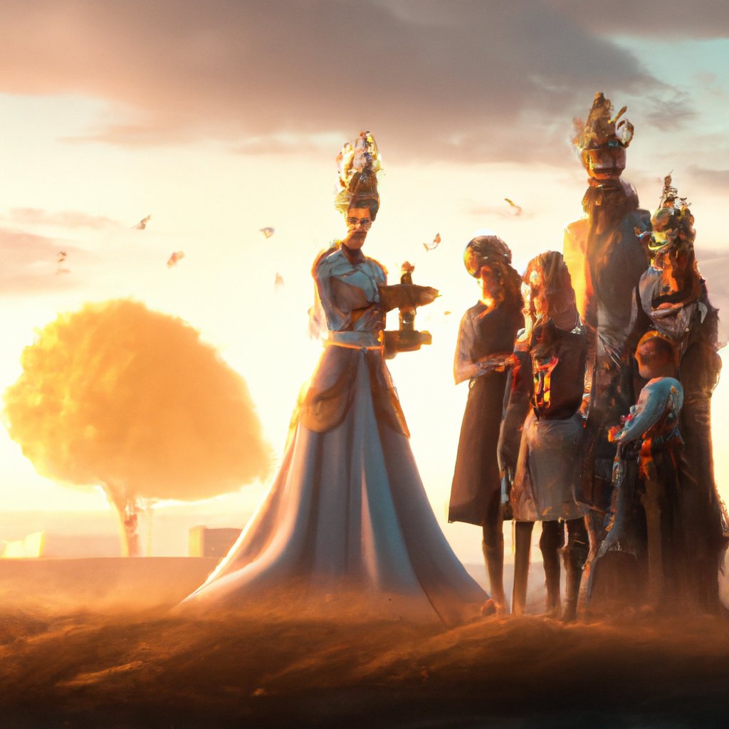 Tamara and Anzaur, the beautiful queen and handsome prince, were happily surrounded by their beloved children, blissfully in love. in a painting from stalenhag, 8 k, hdr, artstation, concept art