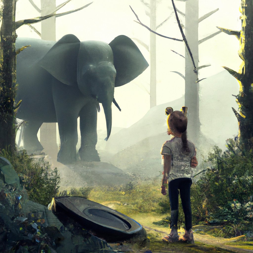 The young girl, curious and eager, stumbled upon a small clearing in the forest, where she heard the pitiful cries of a baby elephant, trembling and alone. in a painting from stalenhag, 8 k, hdr, artstation, concept art