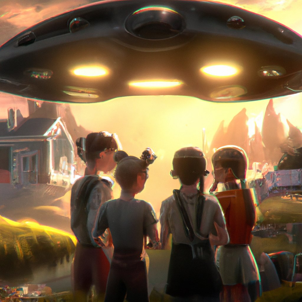 The four best friends, Ellie, Abby, Solomon, and Emma, were awestruck by the mysterious, alien spaceship they found while playing in their backyard. in a painting from stalenhag, 8 k, hdr, artstation, concept art