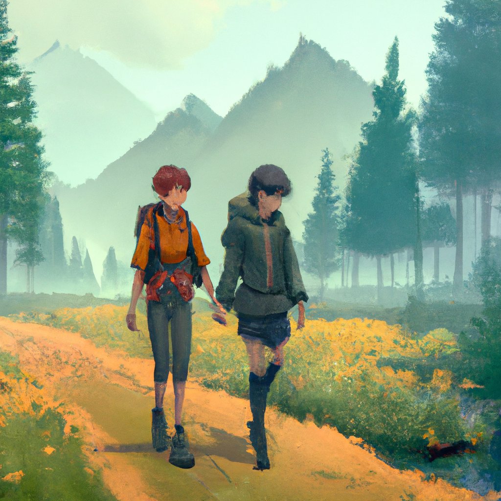 The illustration showed Elle and Ronny, both smiling ear-to-ear, walking side-by-side through a lush, vibrant forest, ready to embark on their next big adventure. in a painting from stalenhag, 8 k, hdr, artstation, concept art