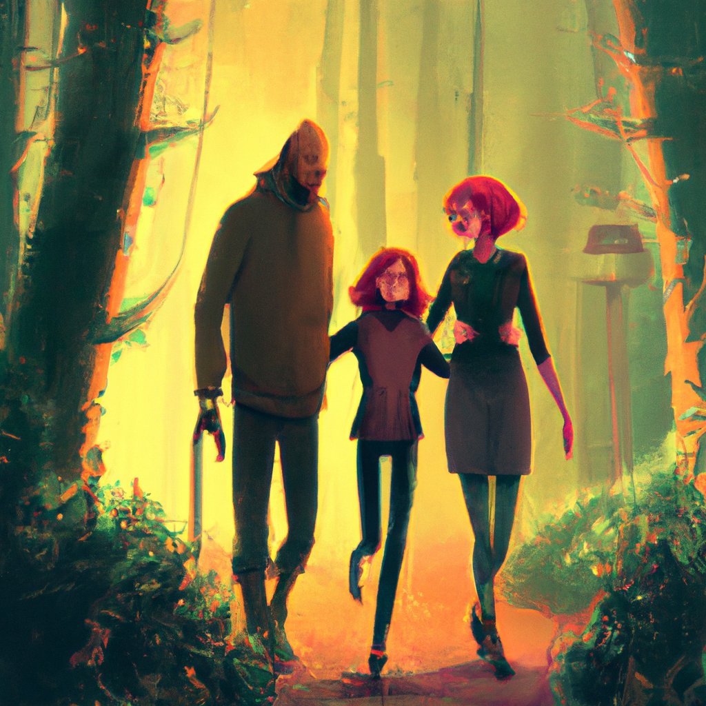 The illustration showed Amber and her family smiling happily as they explored the vibrant, mysterious, magical forest together. in a painting from stalenhag, 8 k, hdr, artstation, concept art