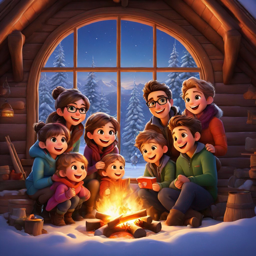 family of four, happy, gathered around fire, winter cabin, snow-covered trees visible through window