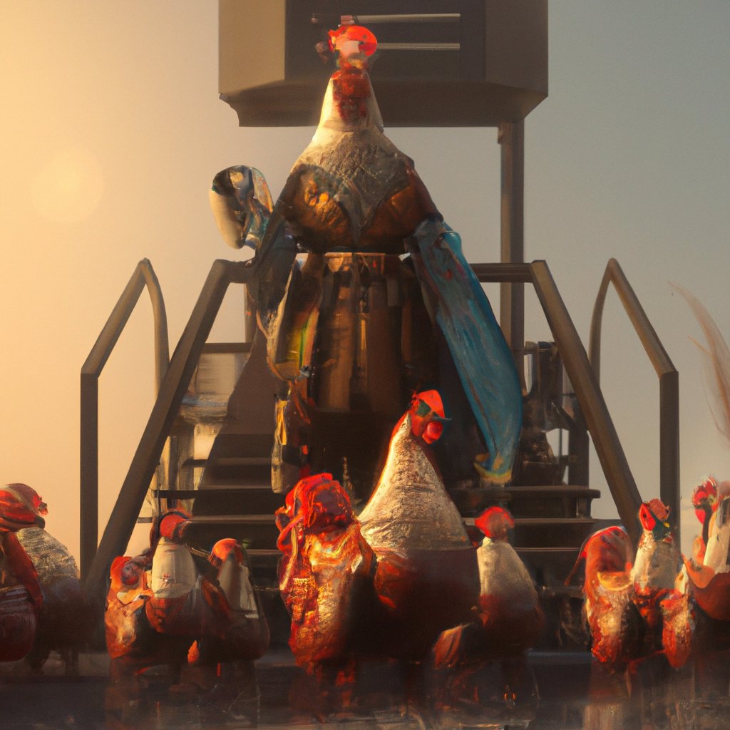 The proud chickens, dressed in their finery and brimming with reverence, gathered around their King, a wise and noble rooster, to be led and guided. in a painting from stalenhag, 8 k, hdr, artstation, concept art