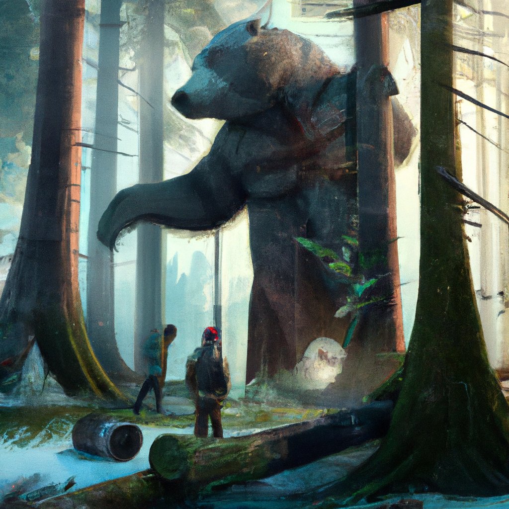 Joe, the big, clumsy yet gentle giant bear, explored the enchanted forest, meeting new friends and discovering its many wonders. in a painting from stalenhag, 8 k, hdr, artstation, concept art