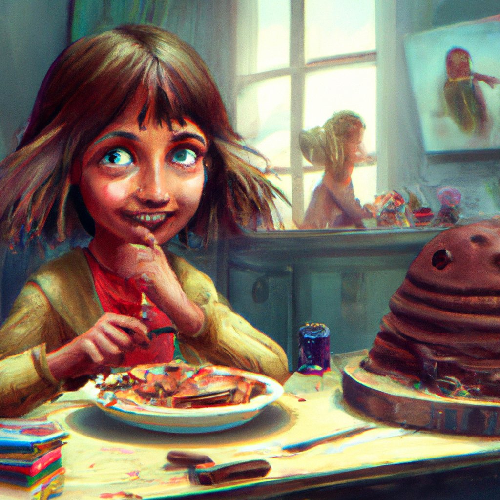 In the illustration, Hortense is a bright, cheerful girl with an insatiable appetite for chocolate cake.