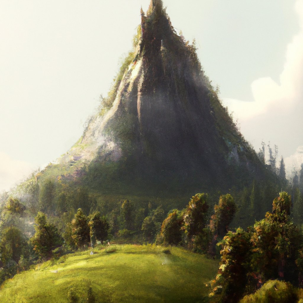 A lone mountain stands majestic, with a dense forest below:"A majestic mountain towers over a lush, vibrant forest.