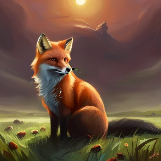 The legendary fox sat proudly above all the other animals, its bright, bushy coat of many colors shining through the kingdom's lush, green fields.