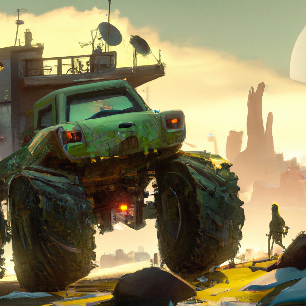 August, eager to explore the unknown, drove his bright green monster truck all around in search of adventure. in a painting from stalenhag, 8 k, hdr, artstation, concept art