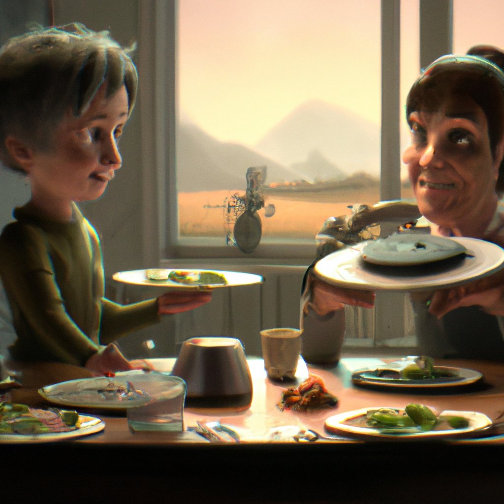 In the illustration, Tupin is seen gleefully transforming a plate of food into a toy while his grandmother looks on, bemused and slightly exasperated. in a painting from stalenhag, 8 k, hdr, artstation, concept art