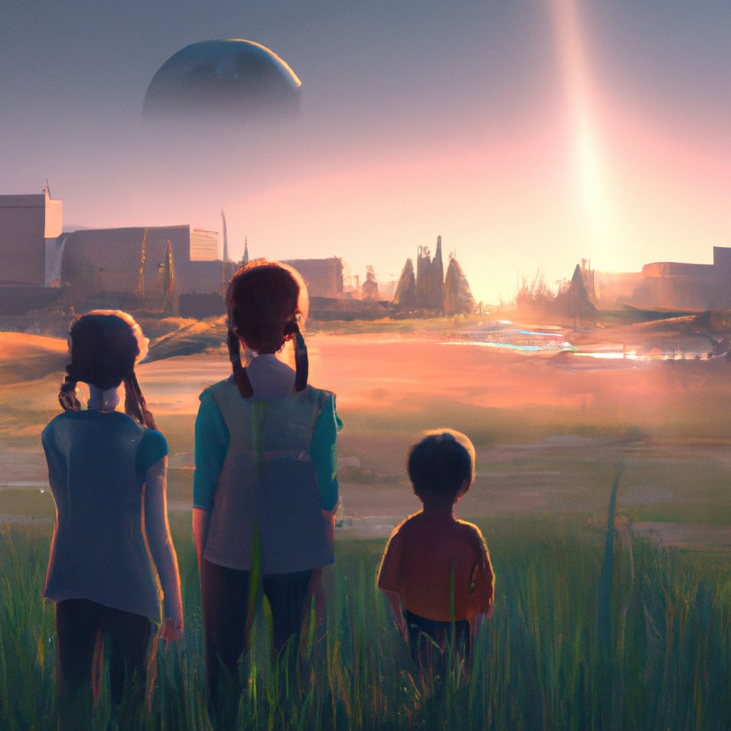 The three children stared curiously at the distant horizon, wide-eyed with anticipation and excitement, yet slightly afraid of what lay beyond. in a painting from stalenhag, 8 k, hdr, artstation, concept art