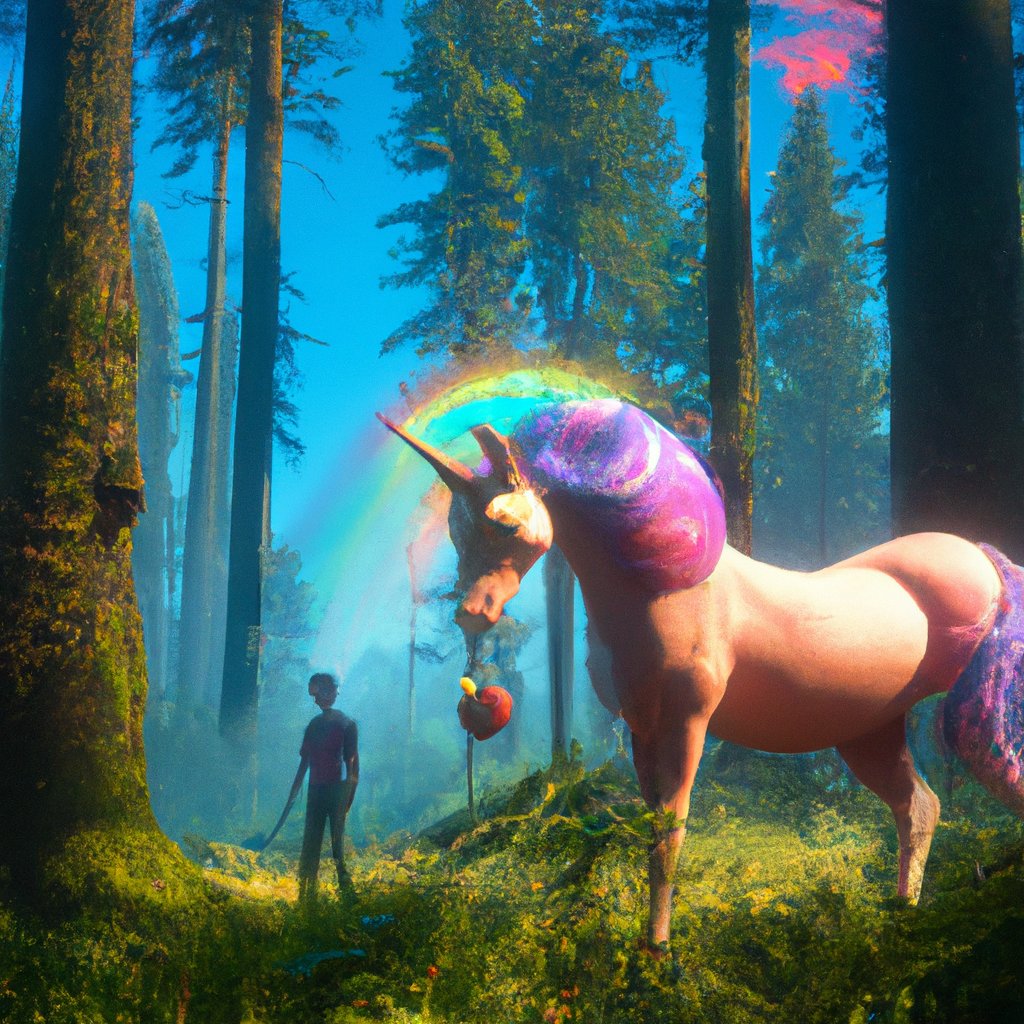 Sparkles, the beautiful unicorn, joyfully frolicked through the lush, magical forest, surrounded by her woodland friends and feasting on the sweetest of wild fruits. in a painting from stalenhag, 8 k, hdr, artstation, concept art