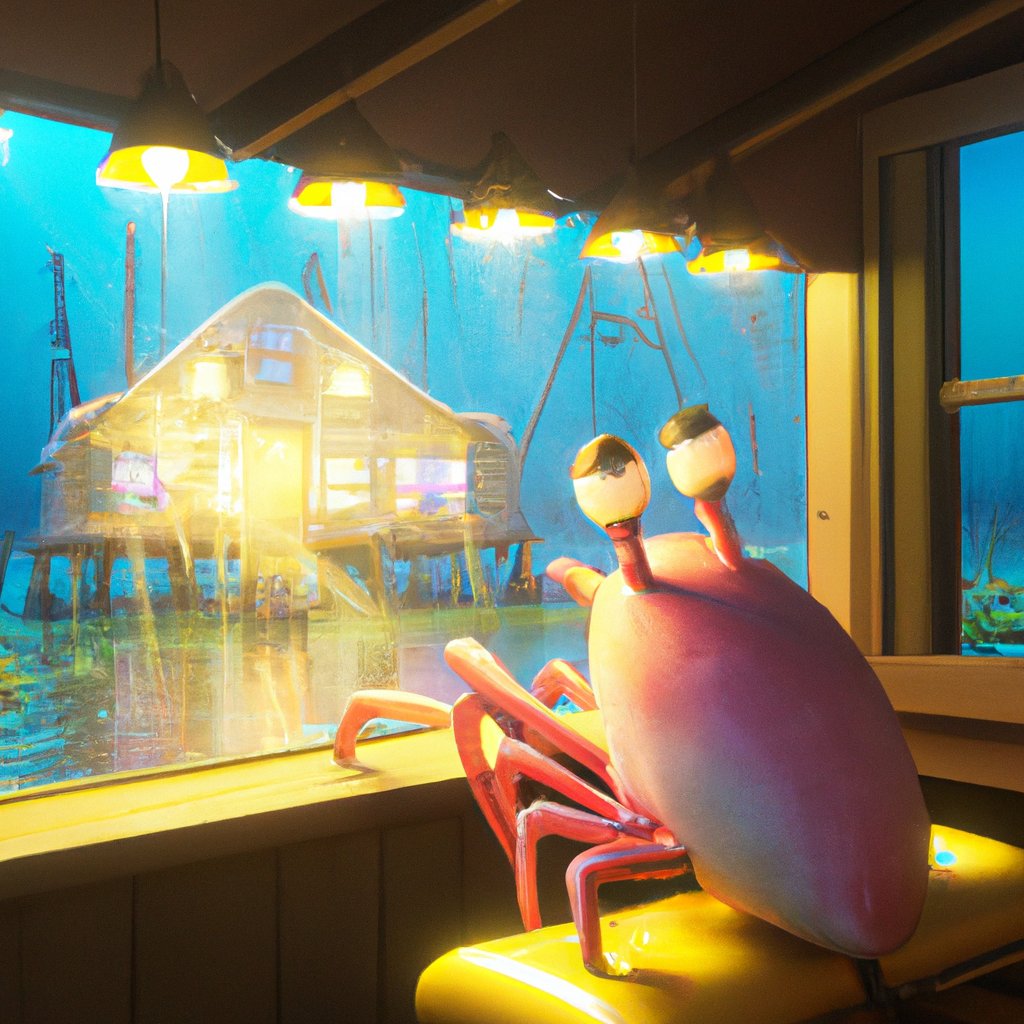 Pearl's eyes sparkled with joy and admiration, overwhelmed by love for Mr Krabs as they shared an intimate moment together in the Krusty Krab. in a painting from stalenhag, 8 k, hdr, artstation, concept art