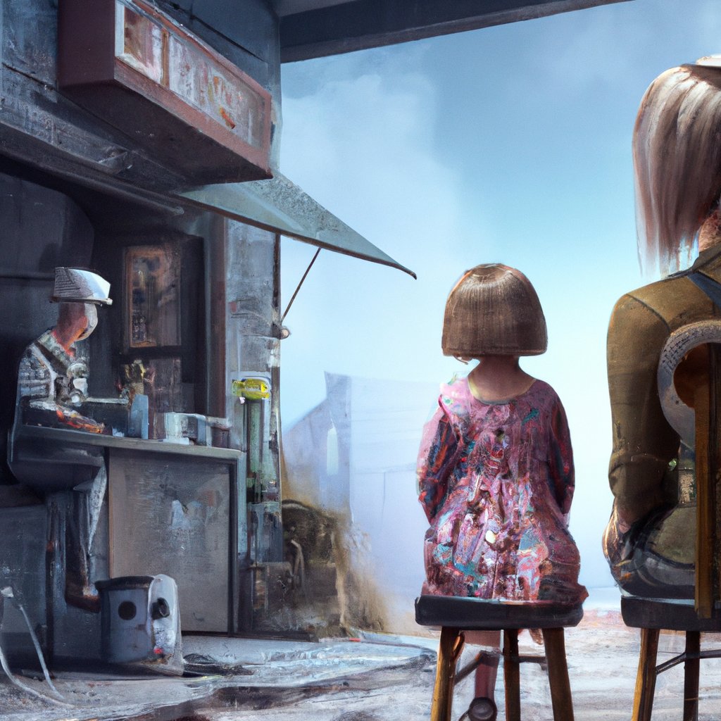 Mariette, the little girl with a dream of becoming a hairdresser, eagerly watches, fascinated, as her mom gets her hair transformed at the salon each week. in a painting from stalenhag, 8 k, hdr, artstation, concept art