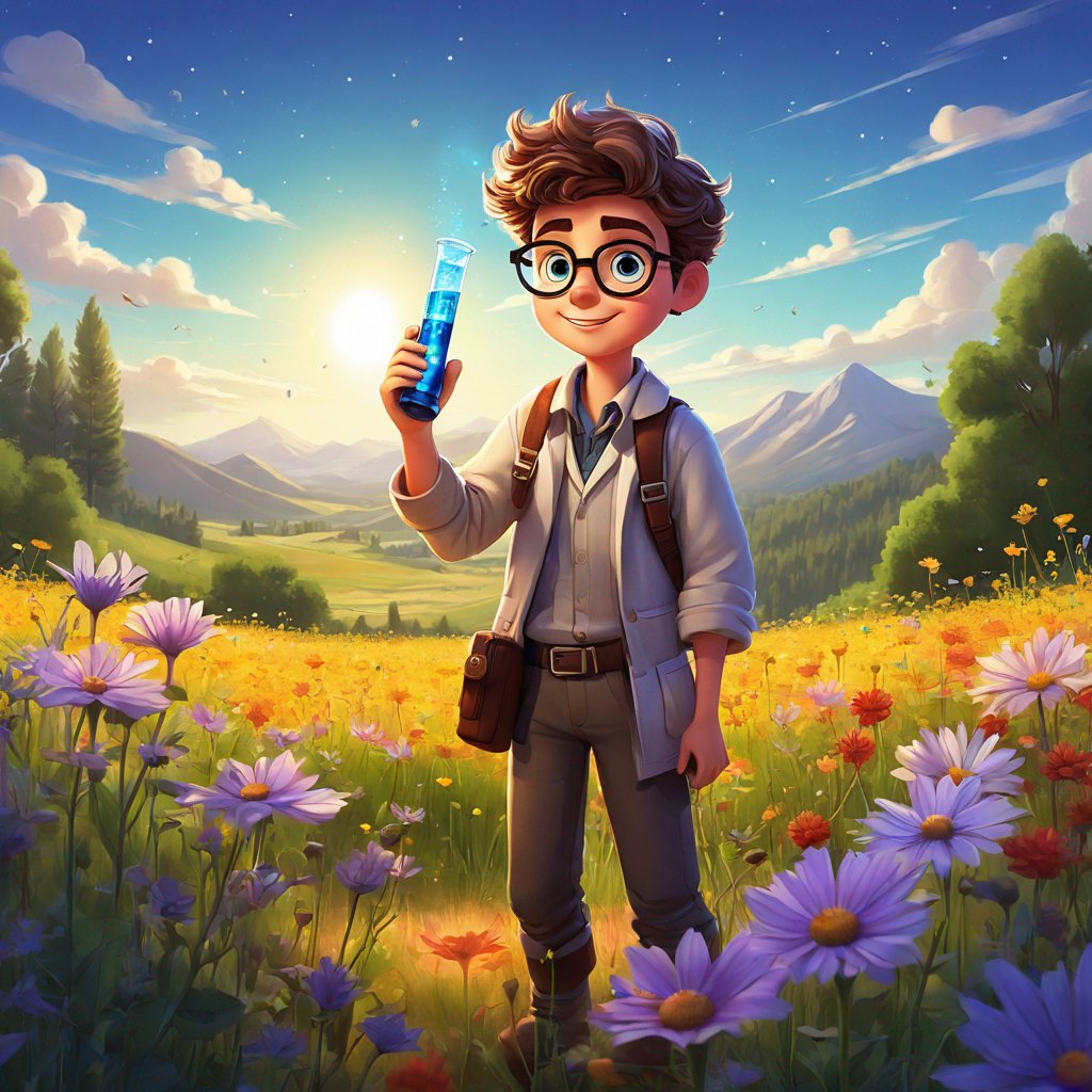 young scientist, male, standing in field of wildflowers, holding vial of mysterious liquid, holding telescope, determined and hopeful