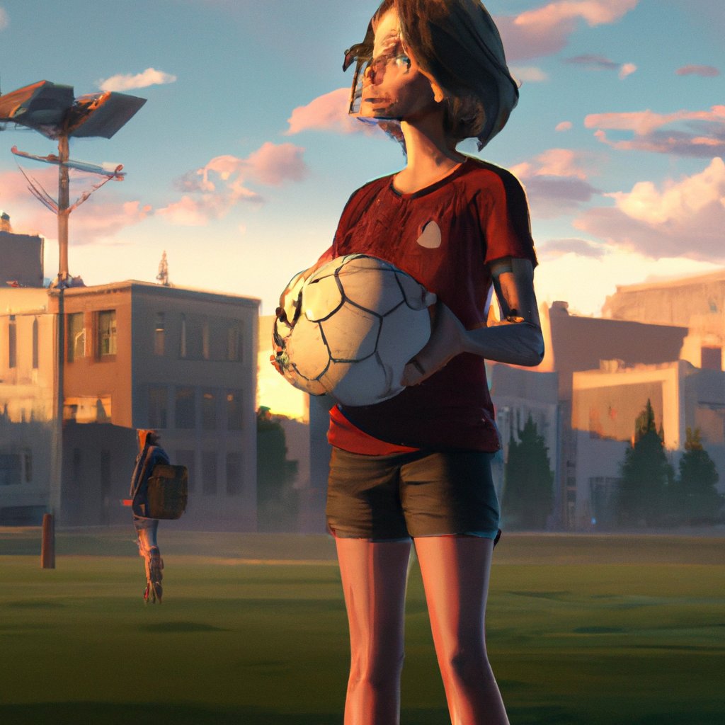 Allie, determined yet timid, watched the other girls play soccer with ease and joy, inspiring her to try it for herself. in a painting from stalenhag, 8 k, hdr, artstation, concept art