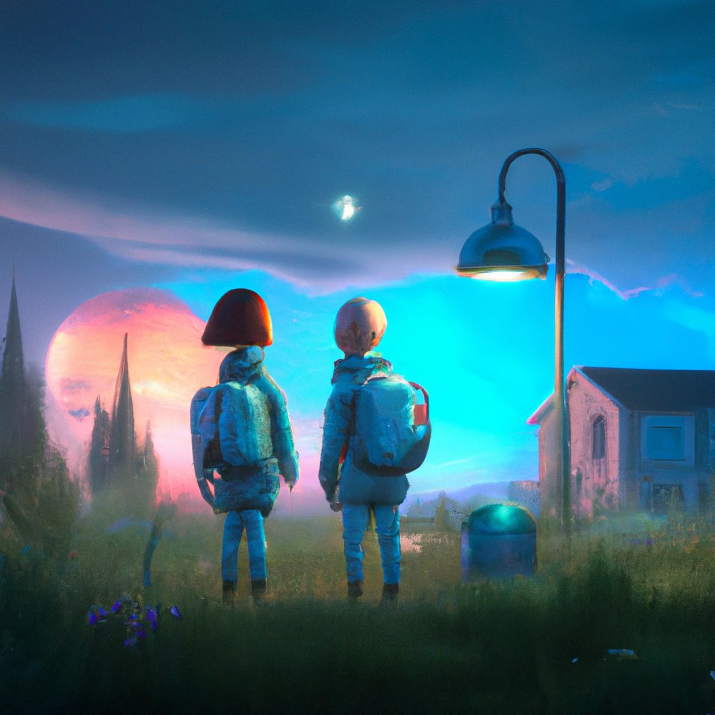 The two brave little alien astronauts, Sky from Garnet and Joe from Heron, explored the universe together, inseparable best friends. in a painting from stalenhag, 8 k, hdr, artstation, concept art