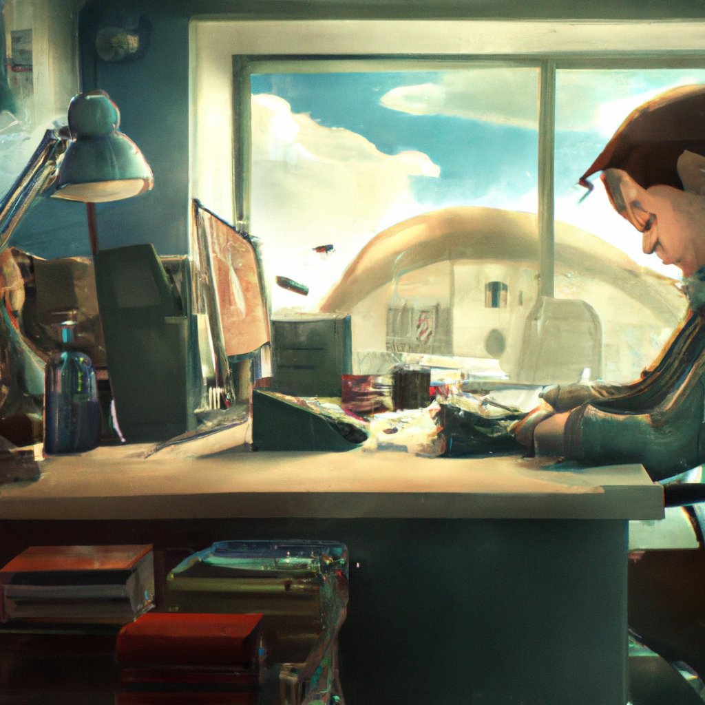 Maria sat at her desk, exhausted, overwhelmed and sad, tears rolling down her cheeks as she worked tirelessly to help families torn apart by deportation. in a painting from stalenhag, 8 k, hdr, artstation, concept art