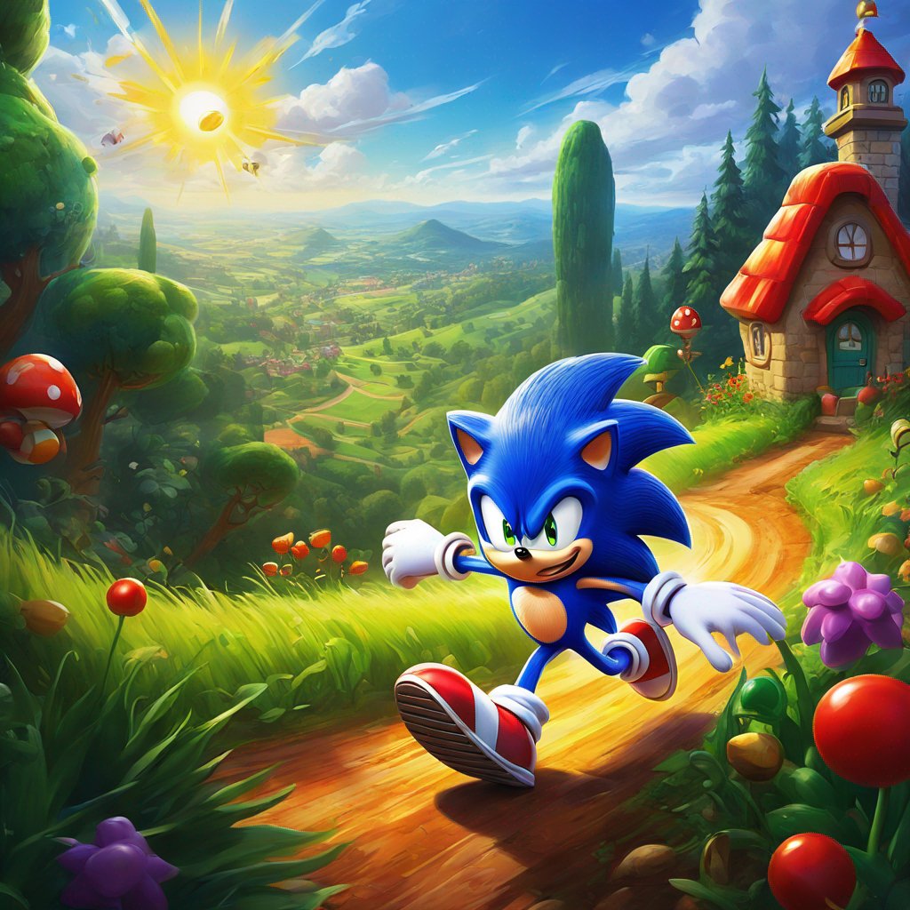 vivid painting, Sonic the Hedgehog, sprinting, Green Hill landscape, battle against Dr. Eggman, rescue friends