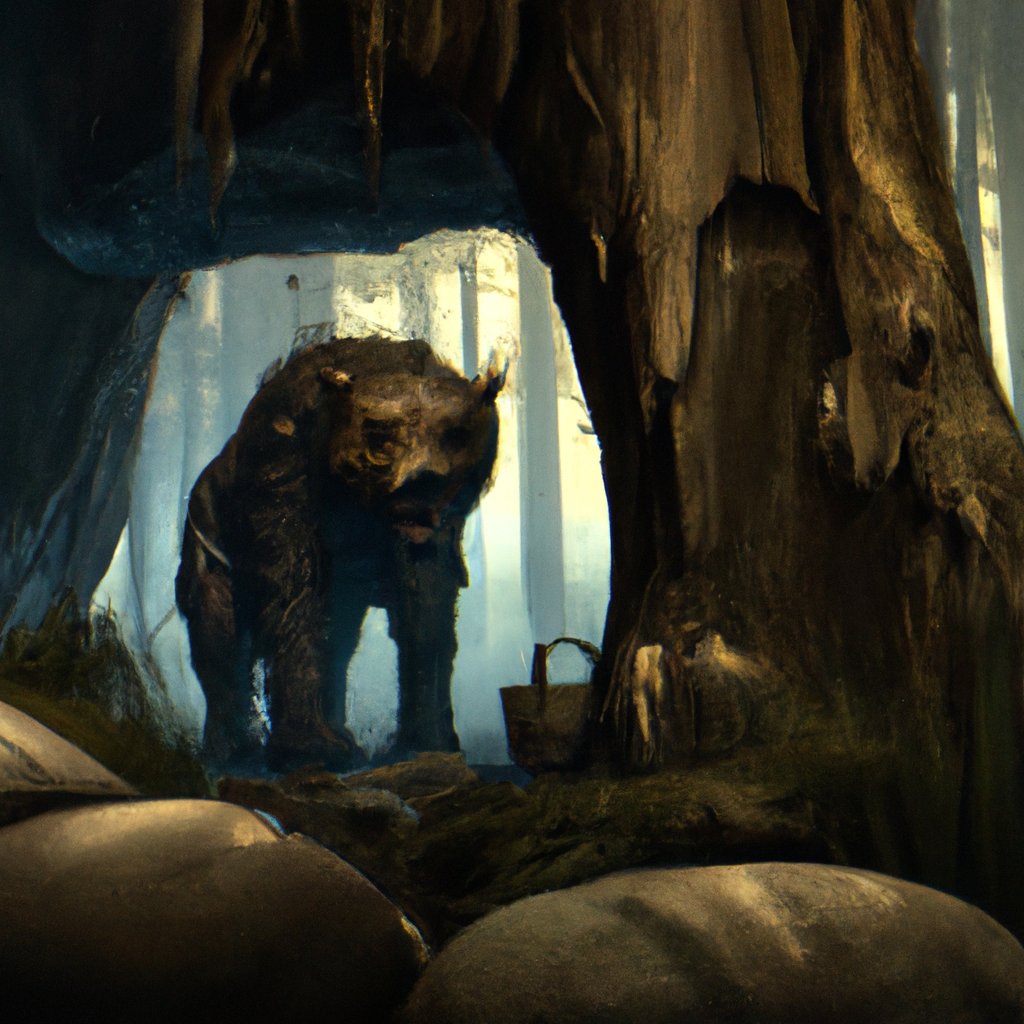 The huge, dark, and scary bear emerged from its cave in the woods, roaring menacingly in search of prey.