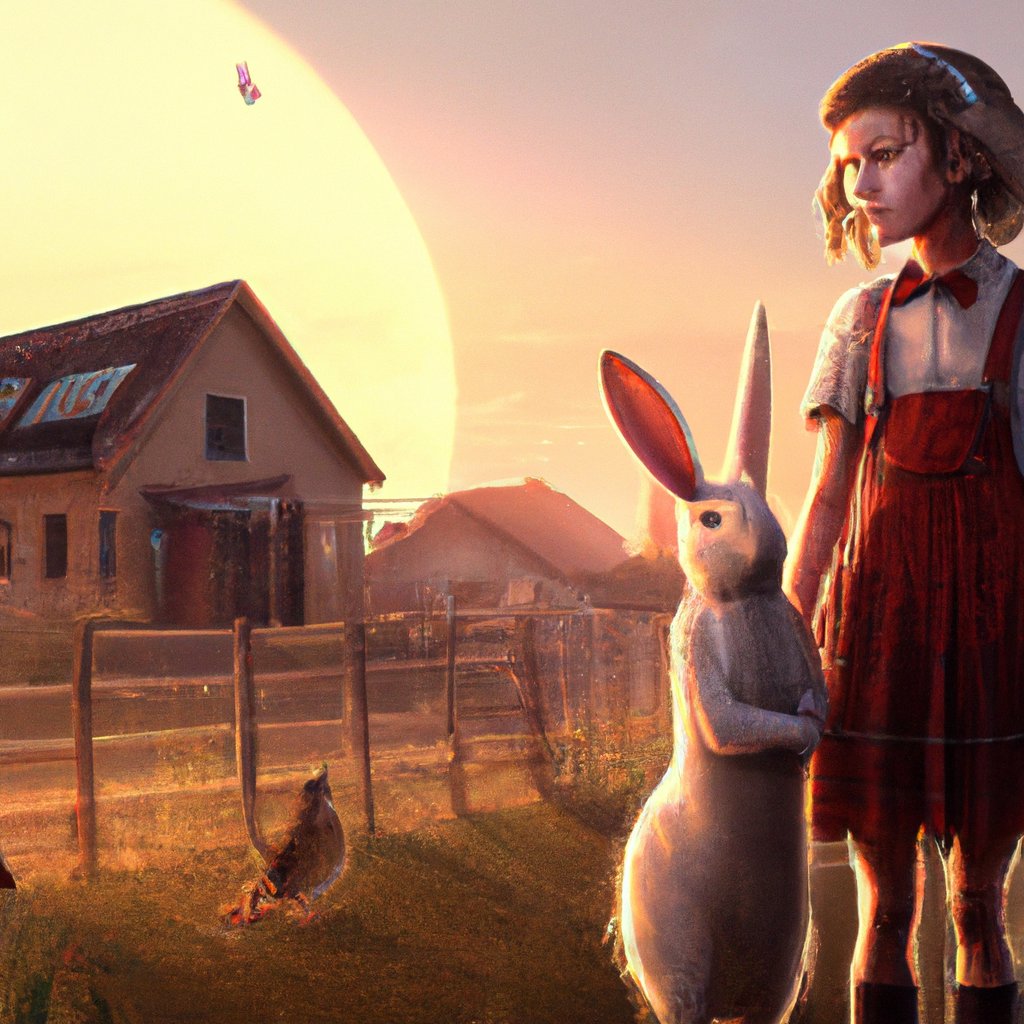 Once upon a time, there was a young girl named Vanilla, living in an enchanted world full of magical creatures, happily accompanied by her loyal pet bunny, Apple Crumble. in a painting from stalenhag, 8 k, hdr, artstation, concept art