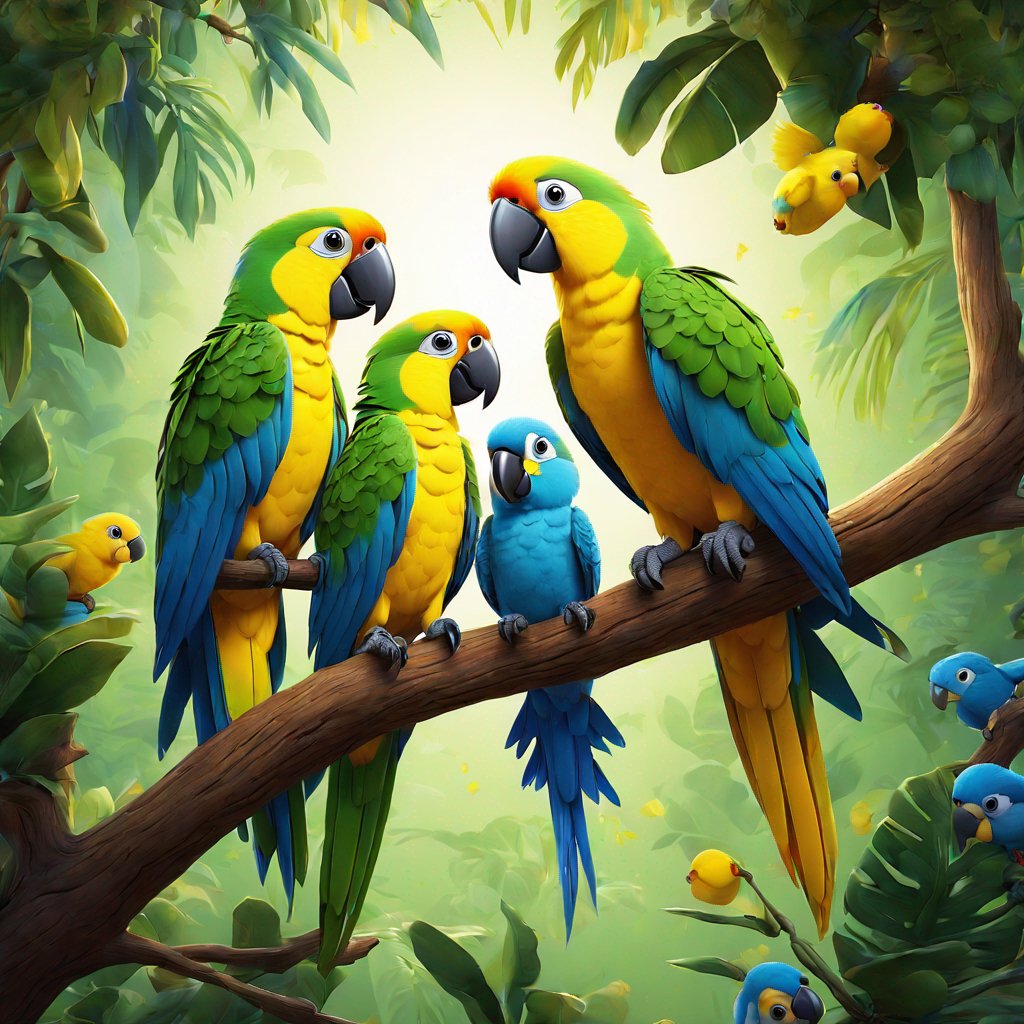 painting, parrots, green and yellow, white with blue markings, perched on branch