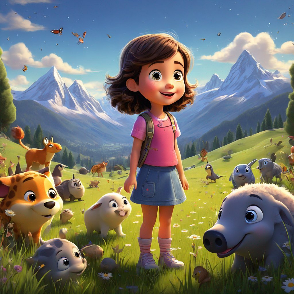 girl, standing in meadow, surrounded by creatures, gazing at mountains