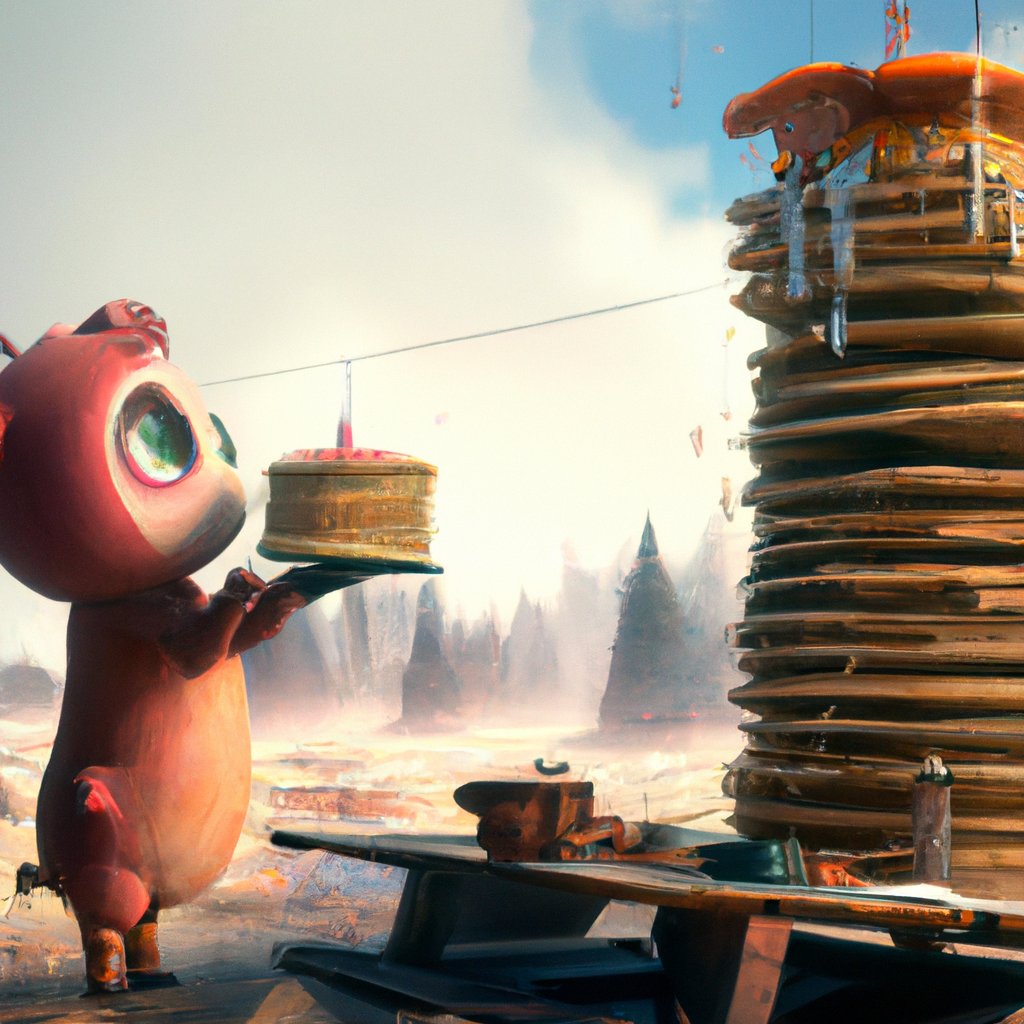 Little Piggy's eyes widened in surprise, as he bit into the sweet, fluffy, delicious pancake atop the big stack he found in the cupboard. in a painting from stalenhag, 8 k, hdr, artstation, concept art