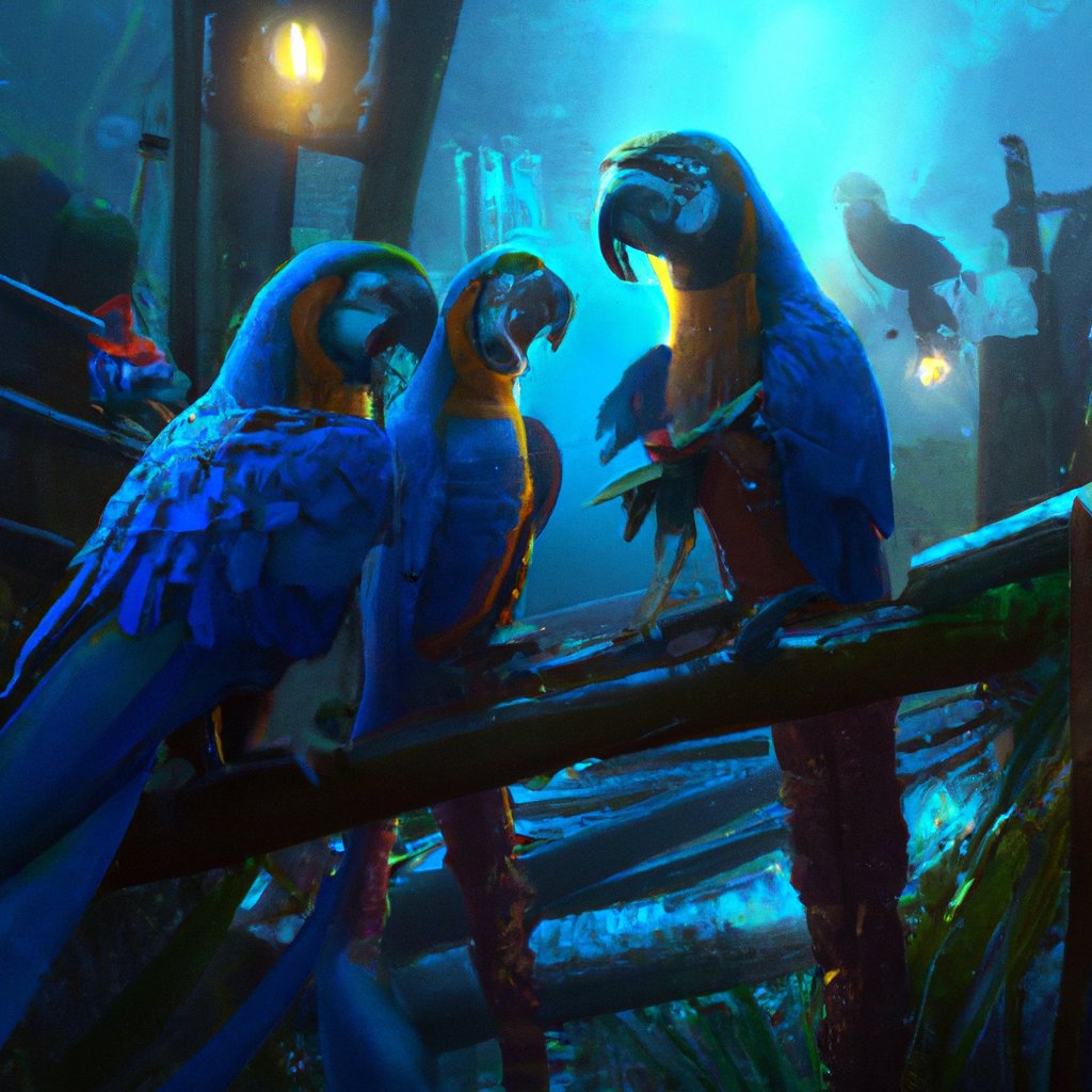 The macaw family glimmered in the Amazon rainforest, their wings a sparkling blue like a clear night sky. in a painting from stalenhag, 8 k, hdr, artstation, concept art