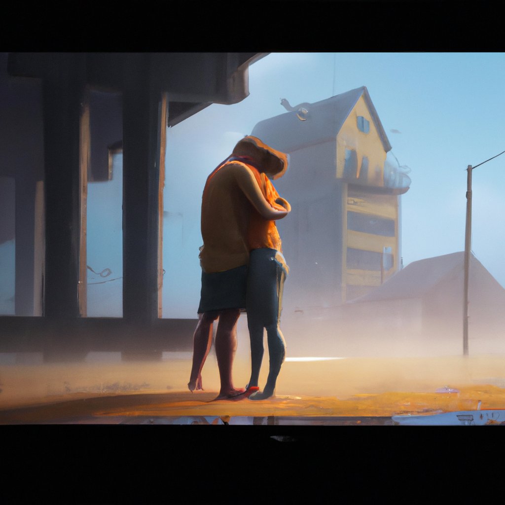 Sam and Emily's passion for each other, seemingly too powerful to be contained within a platonic friendship, is captured in an intimate illustration of their embrace. in a painting from stalenhag, 8 k, hdr, artstation, concept art