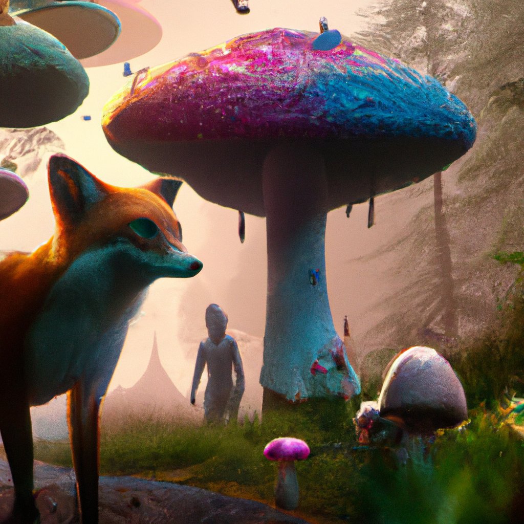 The fox had a vibrant, multicolored coat of soft mushrooms, making it stand out from the other animals in the magical forest. in a painting from stalenhag, 8 k, hdr, artstation, concept art