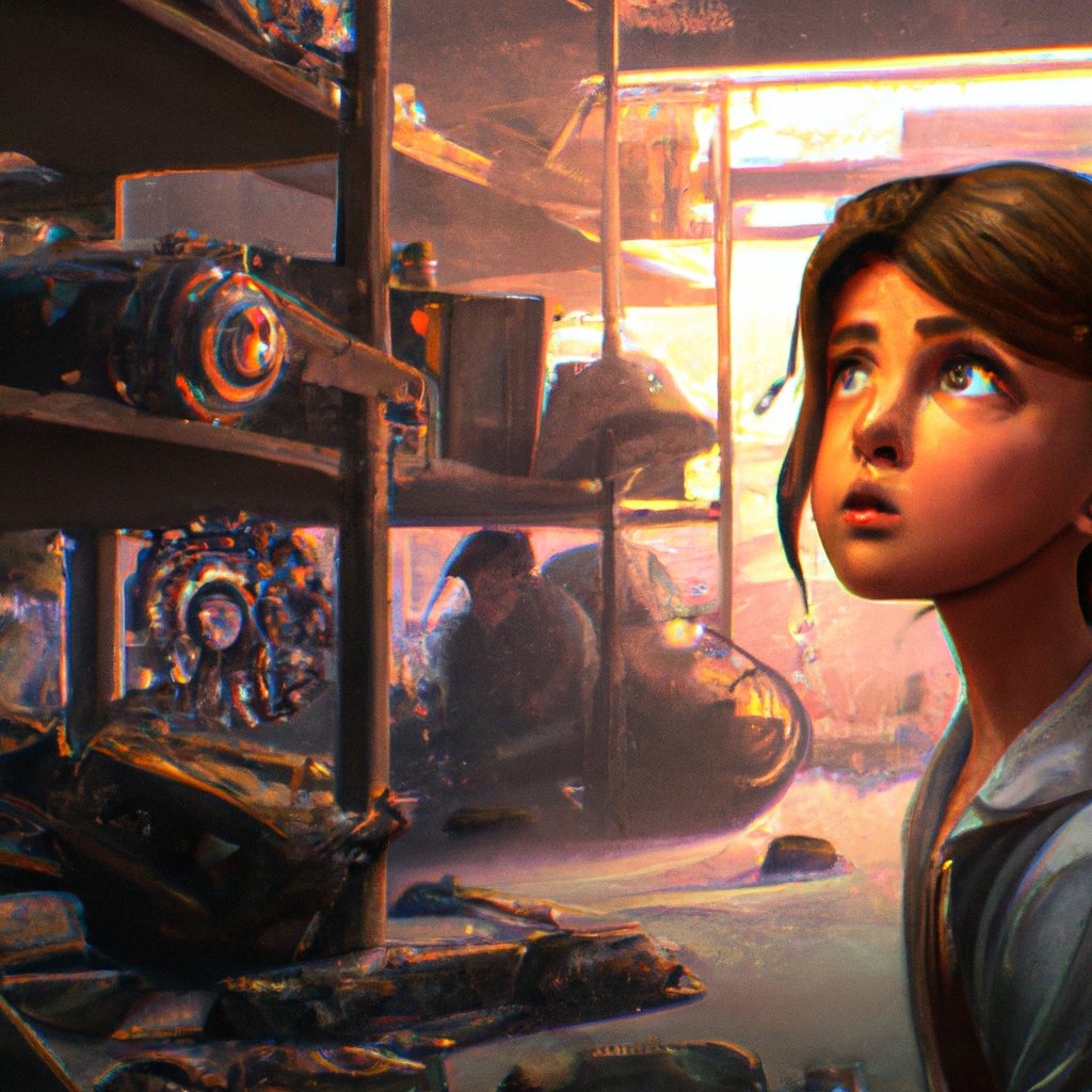 Ayla, fascinated and excited, looked at the various tools and parts spread across the auto shop floor with wide eyes. in a painting from stalenhag, 8 k, hdr, artstation, concept art