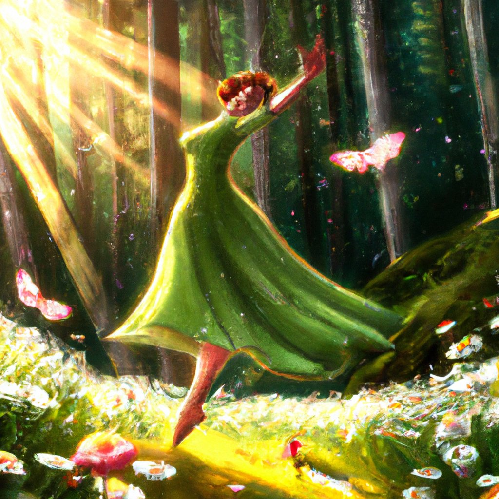 A graceful Daisy, wearing a vibrant green dress and adorned with twinkling jewels, leapt through the sun-dappled woodland in a joyous celebration of dance. in a painting from stalenhag, 8 k, hdr, artstation, concept art