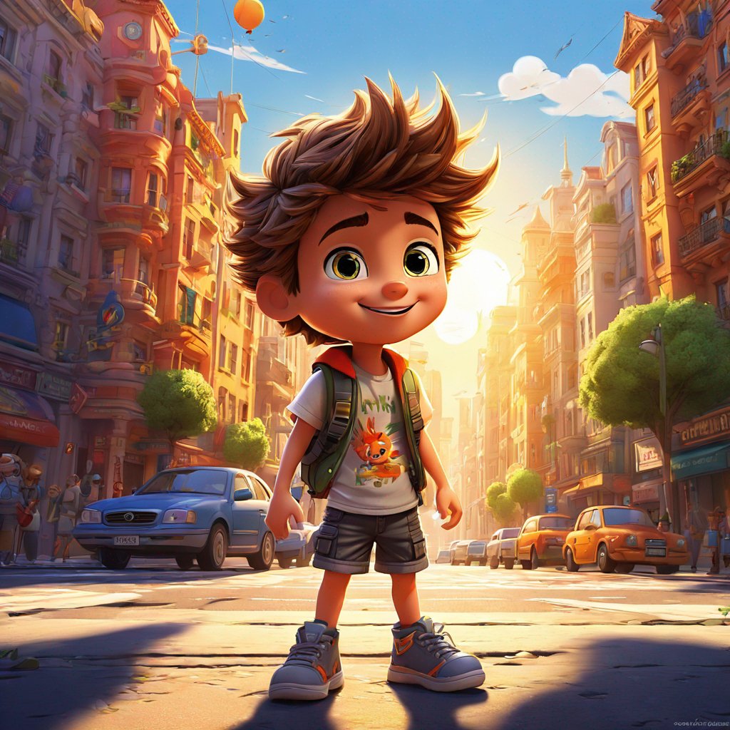 cool kid, male, wild look, standing, sun-drenched city, next adventure