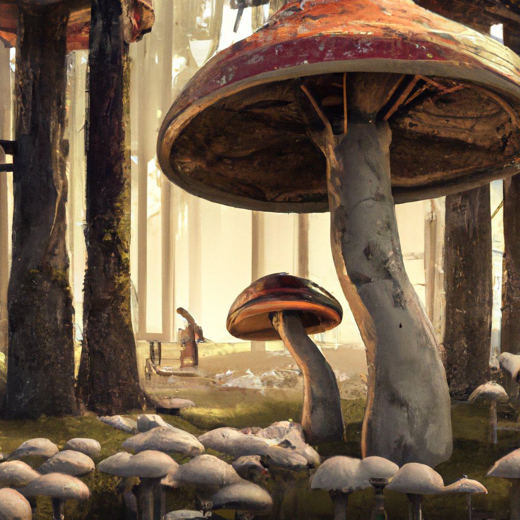 In a small forest, Peroly and Zirch, two concerned mushrooms, discussed the dire consequences of global warming, determined to save their home - the Earth. in a painting from stalenhag, 8 k, hdr, artstation, concept art